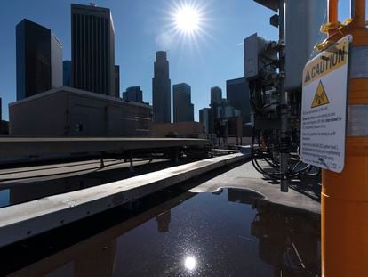 Downtown Los Angeles is seen from an office building rooftop on Friday, Jan. 5, 2024.