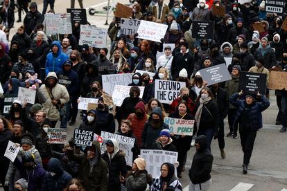 A crowd of over 300 people protest the killing of Patrick Lyoya in Grand Rapids, Michigan, on April 16, 2022.