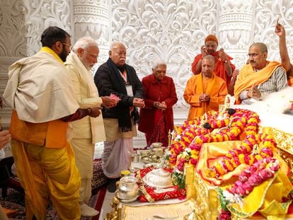 Indian Prime Minister Narendra Modi attends the inauguration of a grand temple to the Hindu god-king Ram in Ayodhya, India, on January 22, 2024.