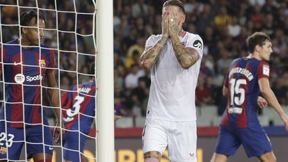 Sevilla's Sergio Ramos laments scoring an own goal to lose against FC Barcelona.