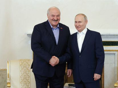 Russian President Vladimir Putin shakes hands with Belarusian President Alexander Lukashenko during a meeting in Saint Petersburg, Russia July 23, 2023.