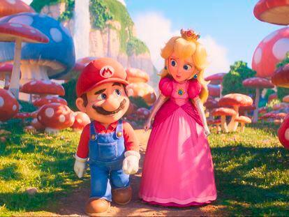 This image released by Nintendo and Universal Studios shows Mario, voiced by Chris Pratt, left, and Princess Peach, voiced by Anya Taylor-Joy, in Nintendo's 'The Super Mario Bros. Movie.'