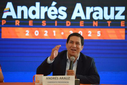 Ecuadorian presidential candidate Andres Arauz speaks in Quito, Ecuador, on February 9.