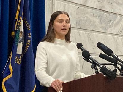 Hadley Duvall speaks at a news conference on Tuesday, Jan. 9, 2024, at the Kentucky Capitol in Frankfort, Ky.
