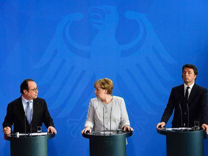 François Hollande, Angela Merkel and Matteo Renzi speaking on Brexit.