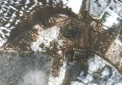 A satellite image showing deployment of troops near Belgorod, Russia, on February 21, 2022.