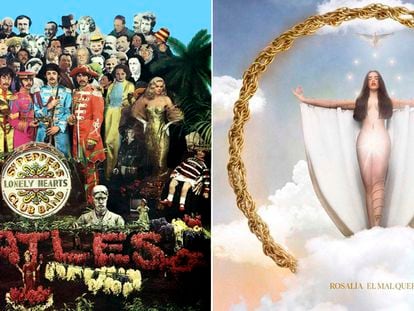 Covers of the albums 'Sgt. Pepper's Lonely Hearts Club Band' (1967), by The Beatles, and 'El Mal Querer' (2018), by Rosalía.