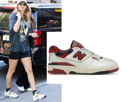 Taylor Swift wearing the 1906R sneakers, designed in collaboration with Ganni for New Balance (left), and the 550 model, in red, created by the New York brand Aimé Leon Dore.