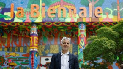 Adriano Pedrosa, artistic director of the 60th edition of the Venice Biennial, in front of the exhibition’s central pavilion, which was intervened by Amazonian collective MAKHU.