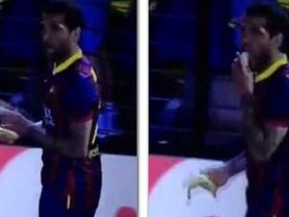 A screen grab of the moment when Alves picked up and ate the banana.
