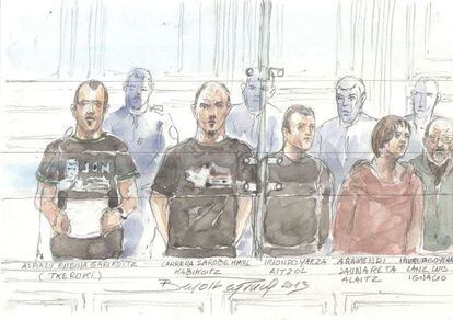 ETA leaders (from left) Txeroki, Mikel Carrera, Iriondo Aitzol, Aramendi Alaitz and Ignacio Irureitagoyena in court in Paris Tuesday. 