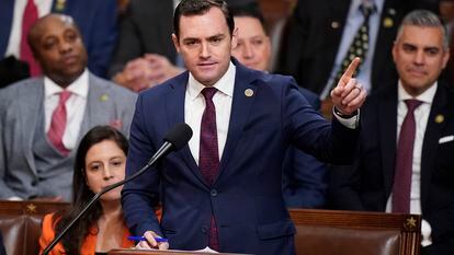 Rep. Mike Gallagher, R-Wis., nominates Rep. Kevin McCarthy, R-Calif., in the House chamber as the House meets for a second day to elect a speaker and convene the 118th Congress in Washington, Jan. 4, 2023.