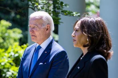 US President Joe Biden and Vice President Kamala Harris at an event at the White House.