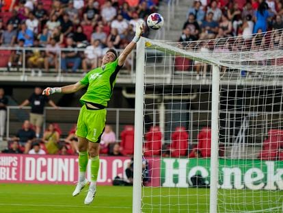 D.C. United goalkeeper Tyler Miller deflects an Inter Miami shot during the first half of an MLS soccer match Saturday, July 8, 2023, in Washington.
