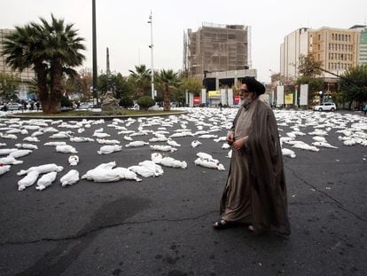 Mock dead bodies, displayed in tribute to the children who died amid the Israel-Hamas conflict, during an event in solidarity with the Palestinian people, in Tehran, Iran, November 13 2023.