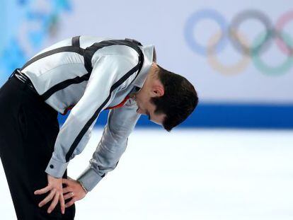 Javier Fern&aacute;ndez of Spain reacts after he competes during the Figure Skating Men&#039; s Free Skating on day seven of the Sochi 2014 Winter Olympics.