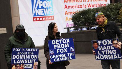 Members of Rise and Resist participate in their weekly "Truth Tuesday" protest at News Corp headquarters on February 21, 2023 in New York City.