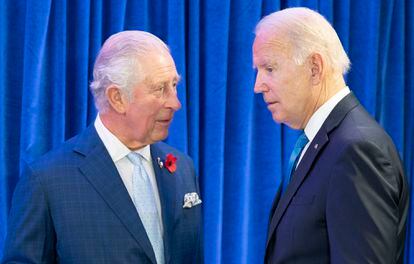 Britain's Prince Charles, left, greets the President of the United States Joe Biden ahead of their bilateral meeting during the Cop26 summit at the Scottish Event Campus (SEC) in Glasgow, Scotland, Nov. 2, 2021.
