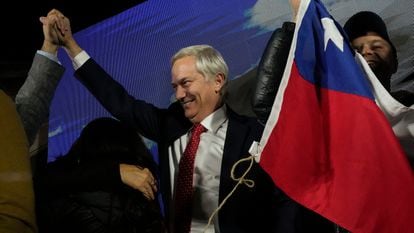 José Antonio Kast, leader of the Republican Party, raises his arm while celebrating obtaining the largest number of representatives after the election for the Constitutional Council, which will draft a new constitution proposal in Santiago, Chile, Sunday, May 7, 2023. 