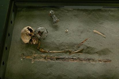 The remains of one of Iceland’s first inhabitants, with his sword, in the National Museum of Iceland.
