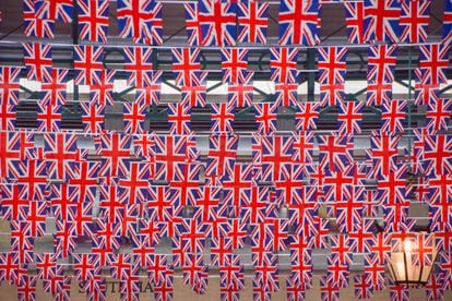 Hundreds of flags decorate Covent Garden in the preparations for the coronation of Charles III