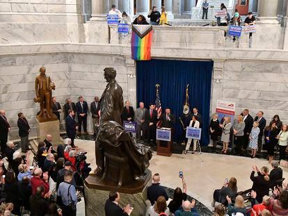 Supporters of Senate bill 150, known as the Transgender Health Bill gather in the Rotunda of the Kentucky State Capitol as protesters look on from the balcony on March 29, 2023, in Frankfort, Ky.