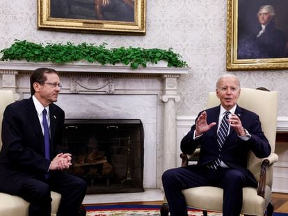 President Joe Biden meets with Israel's President Isaac Herzog in the Oval Office of the White House in Washington, on July 18, 2023.