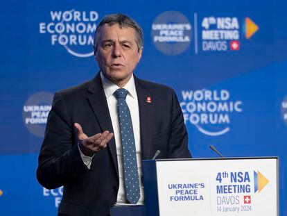 Swiss Foreign Minister Ignazio Cassis briefs the media at a news conference during the 4th meeting of the National Security Advisors, NSA, on the peace formula for Ukraine at the eve of the World Economy Forum in Davos, Switzerland, Sunday, Jan. 14, 2024. (AP Photo/Markus Schreiber)