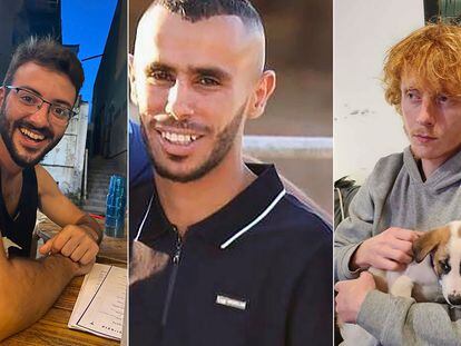 Three undated photos of Alon Shamriz, Samer Al-Talalka and Yotam Haim, the three hostages Israeli troops mistakenly killed Friday, Dec. 15, 2023. (Courtesy of the Shamriz, Al-Talalka and Haim families via AP).
