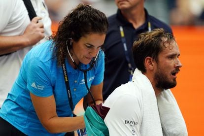Daniil Medvedev of Russia receives medical treatment during his quarter final match against Andrey Rublev of Russia at the US Open Tennis Championships at the USTA National Tennis Center in Flushing Meadows, New York, USA, 06 September 2023.
