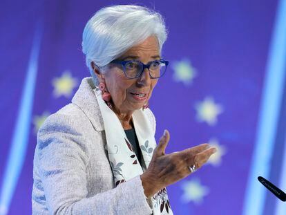European Central Bank (ECB) President Christine Lagarde addresses a press conference following the ECB Governing Council meeting in Frankfurt am Main, Germany, 27 July 2023.
