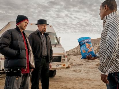 This photo provided by Frito-Lay shows Aaron Paul, Bryan Cranston and Raymond Cruz in scene from PopCorners 2023 Super Bowl NFL football spot.