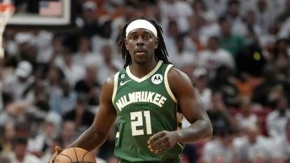 Milwaukee Bucks guard Jrue Holiday moves the ball down the court during the first half of Game 3 in a first-round NBA basketball playoff series against the Miami Heat, April 22, 2023, in Miami.