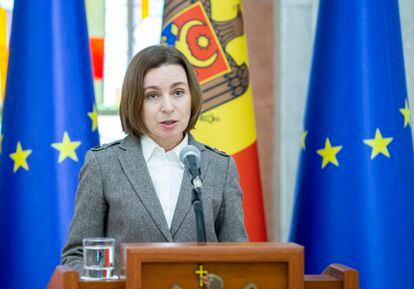 Moldova's President Maia Sandu at the Chisinau presidential palace during her appearance before the press on April 26, 2022.