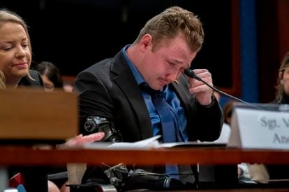 Marine Sgt. Tyler Vargas-Andrews speaks during a Committee on Foreign Affairs hearing on the United States evacuation from Afghanistan, on March 8, 2023.