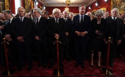 From left, Labour leader Keir Starmer and former prime ministers Tony Blair, Gordon Brown, Boris Johnson, David Cameron, Theresa May and John Major at Charles III’s proclamation ceremony on Saturday.