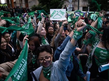 Women celebrate the anniversary of the decriminalization of abortion until week 24, in Bogotá, on February 21, 2023.