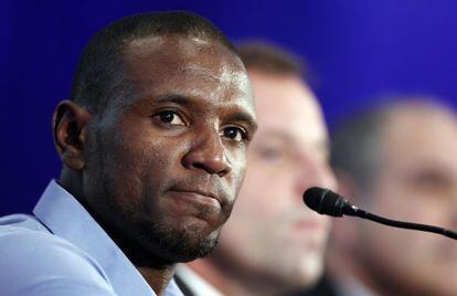 Barcelona&#039;s soccer player &Eacute;ric Abidal looks on during a news conference at Camp Nou stadium on Thursday.