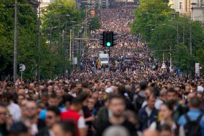 People march during a protest against violence in Belgrade, Serbia