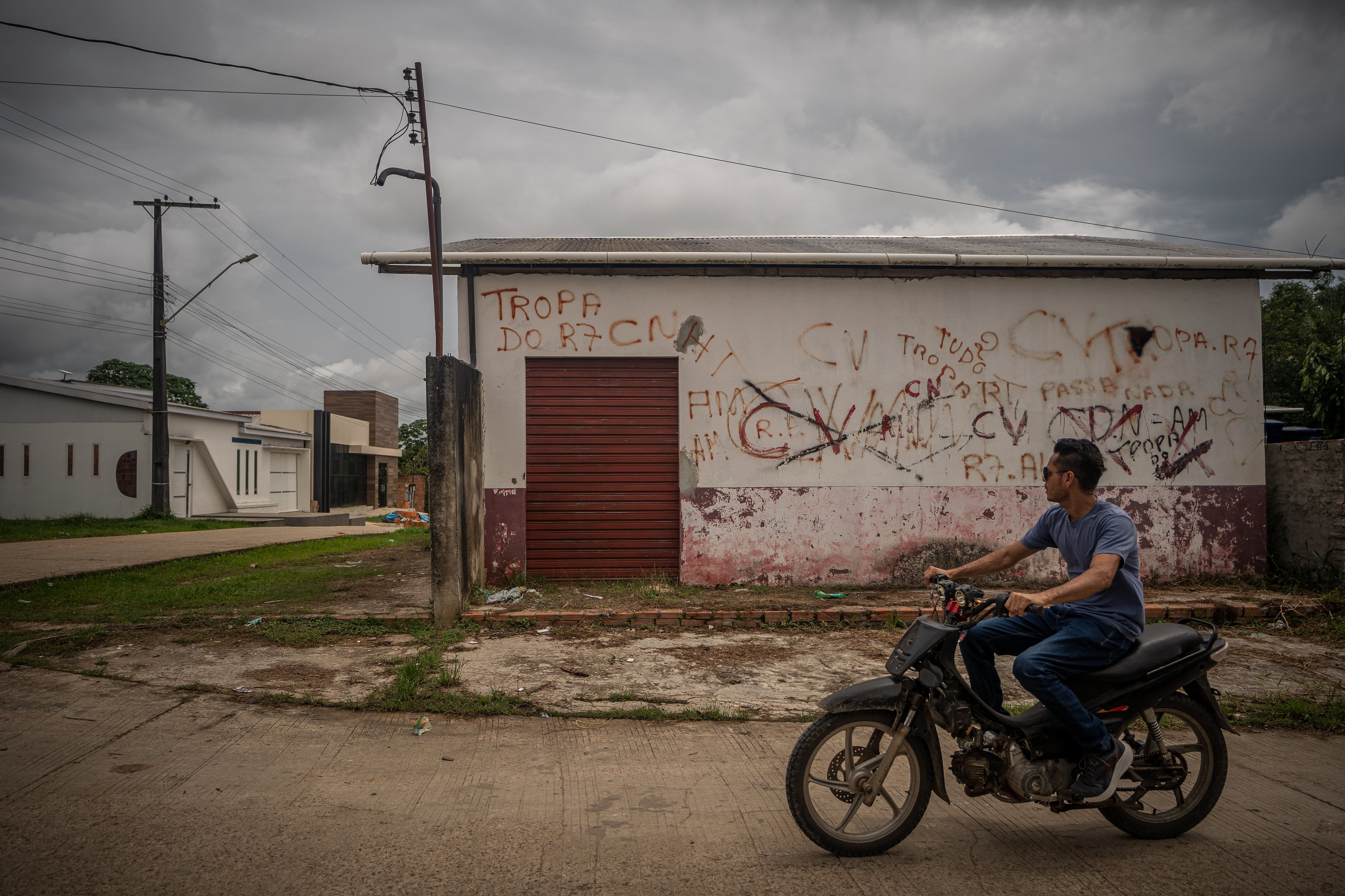 Comando Vermelho graffiti on the streets of Benjamin Constant in Brazil on December 12, 2024. 