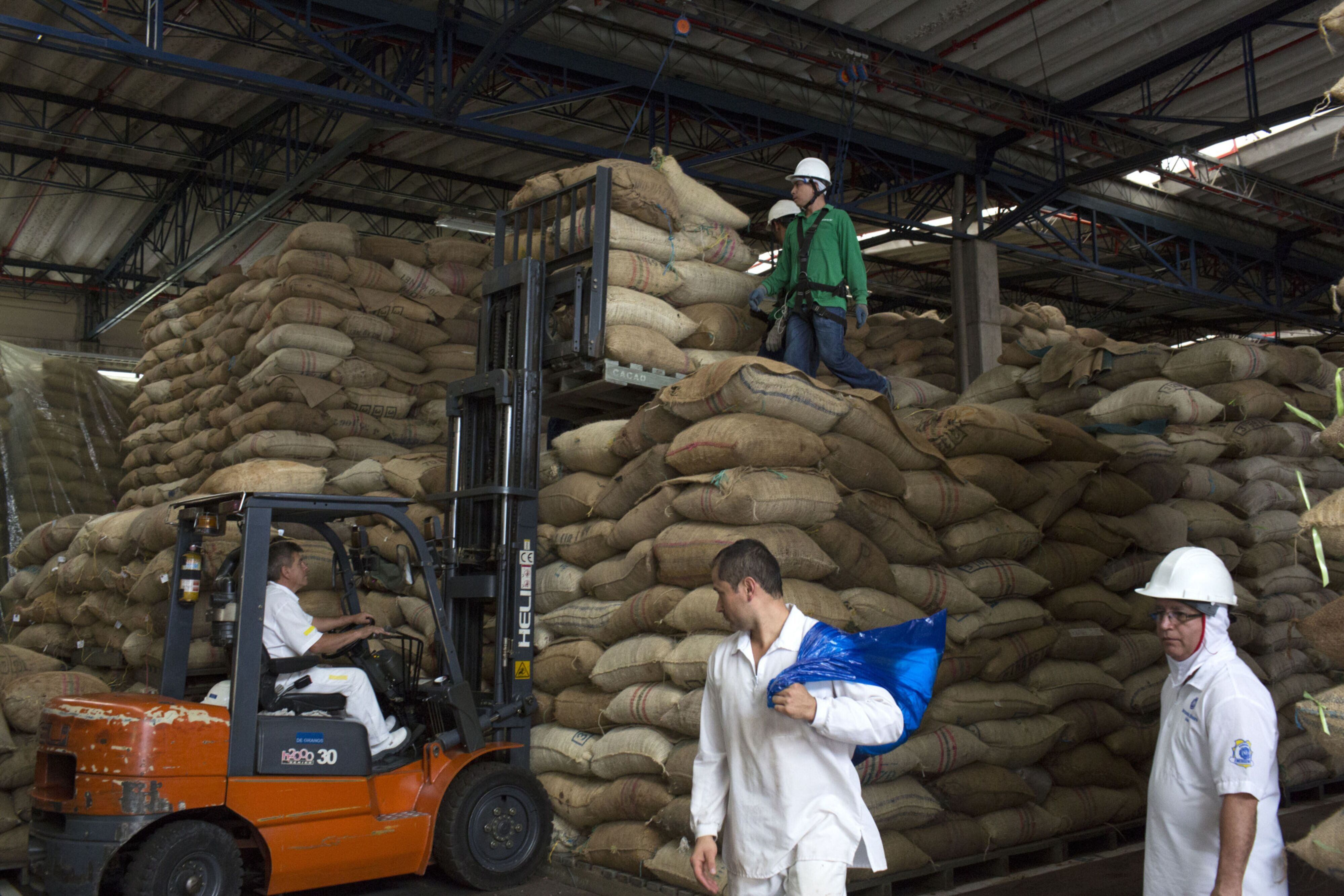 Workers at the Grupo Nutresa chocolate factory load bags of cocoa beans; June 2017.