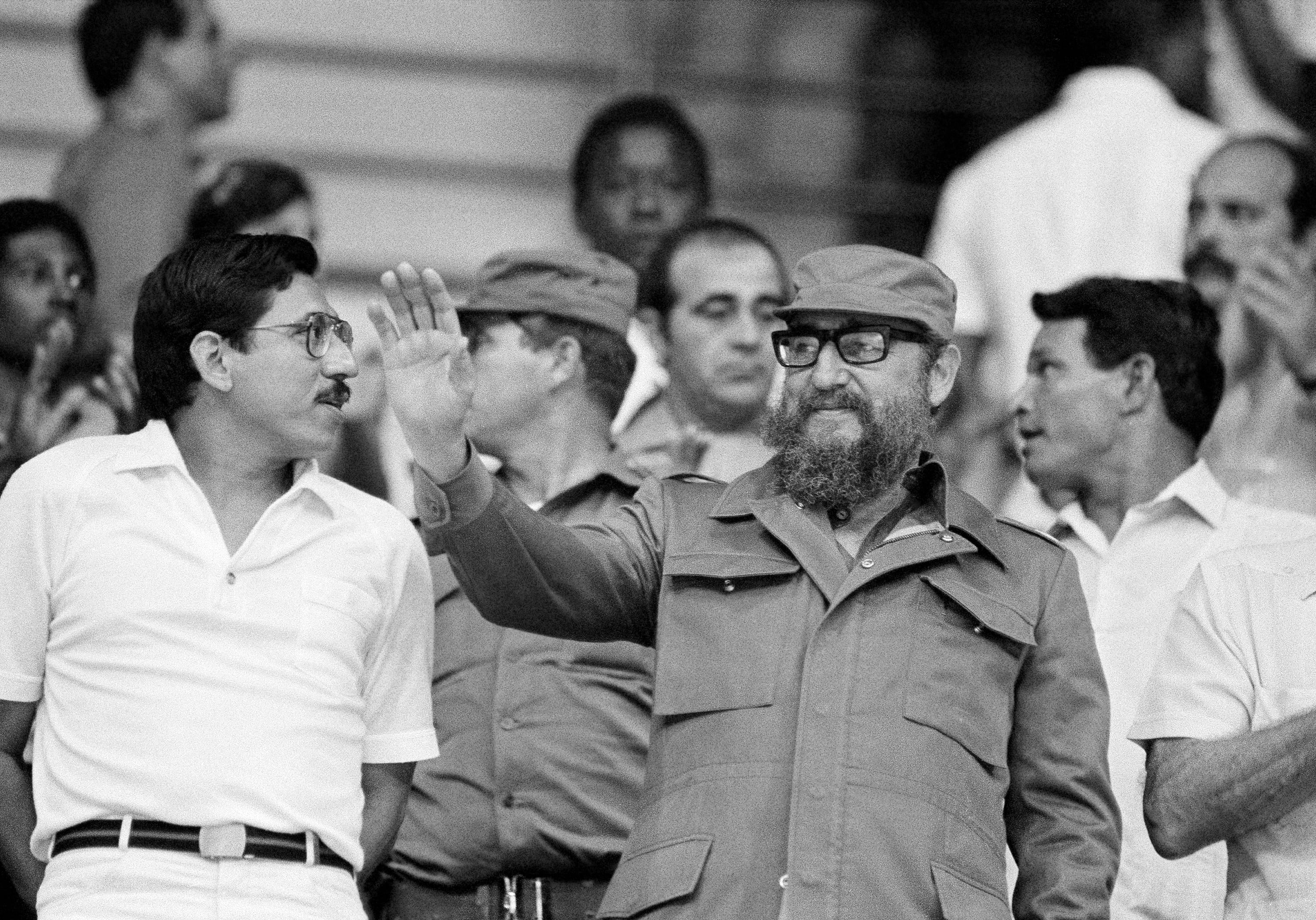 Cuban President Fidel Castro and Humberto Ortega at a baseball game on August 11, 1982. 
