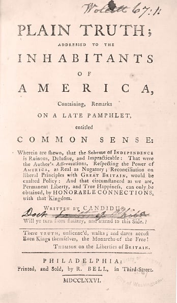 First page of the original edition of 'Common Sense', by Thomas Paine, published in Philadelphia in January 1776.