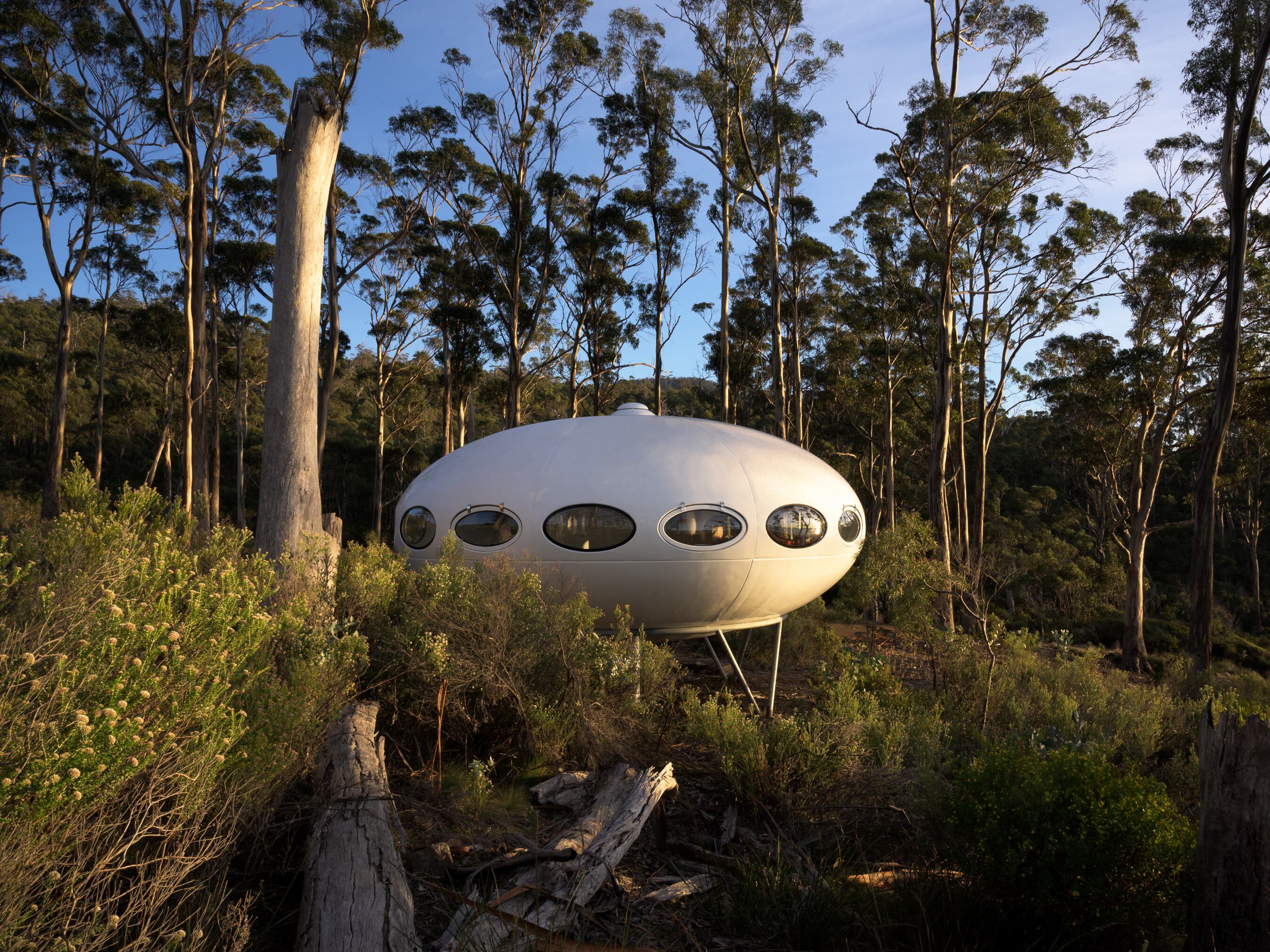  The exterior of Futuro House, designed by architect Matti Suuronen, in Marion Bay, Tasmania. Owned by David Walsh and Kirsha Kaechele. Photo provided by the Futuro House Archives. 