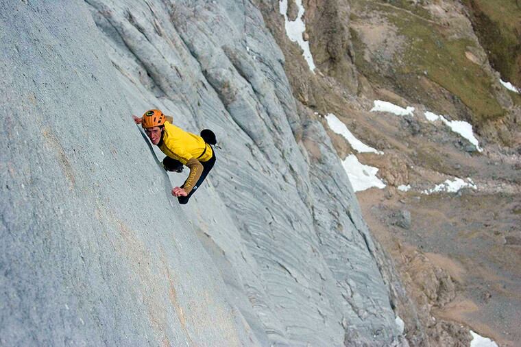 Austrian mountaineer Hansjörg Auer, soloing the Pescado route, Marmolada, 2007.