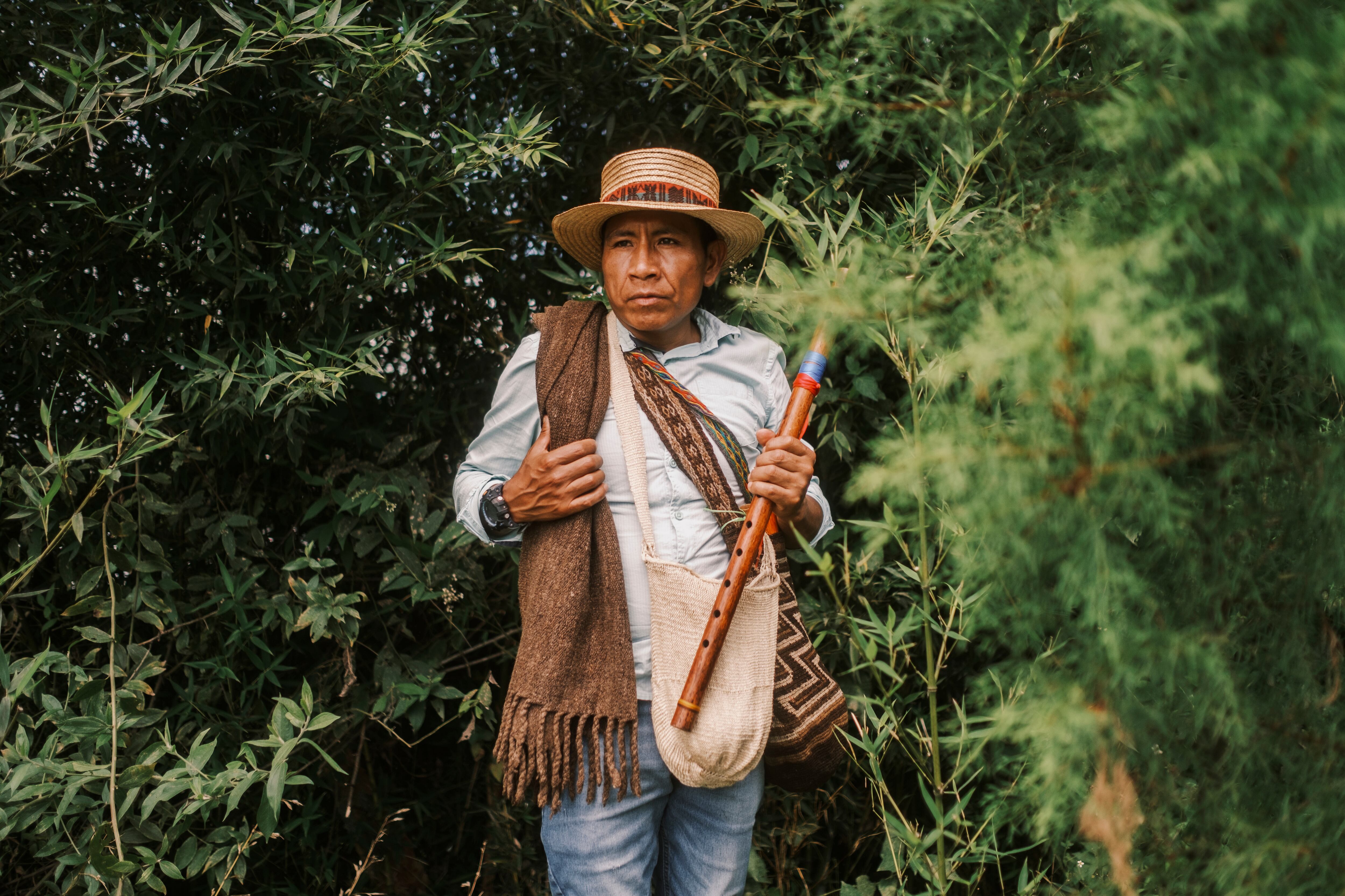 Orlando Baicué, an Indigenous man and spiritual guide of the Nasa people, in the Cofradía reserve, in Cajibío, Cauca.