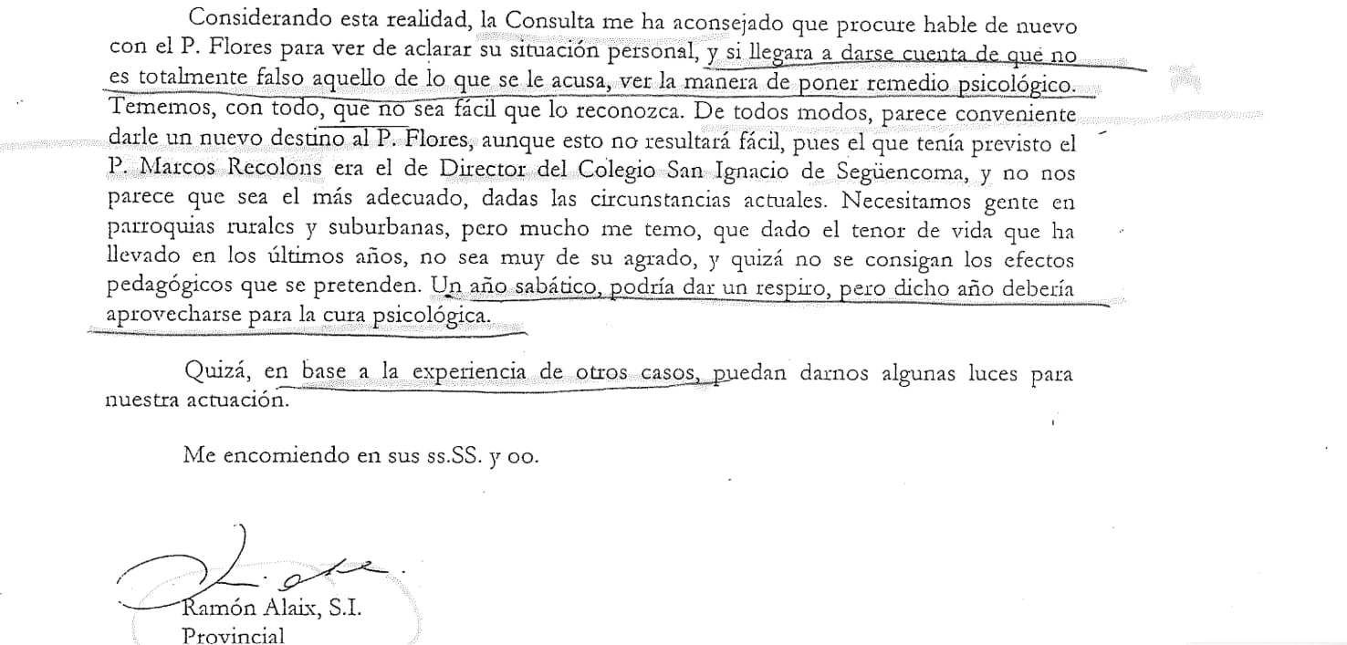 The letter that Provincial Superior Ramón Alaix wrote to Superior General Peter Hans Kolvenbach, suggesting that a pedophile priest be relocated and given treatment.