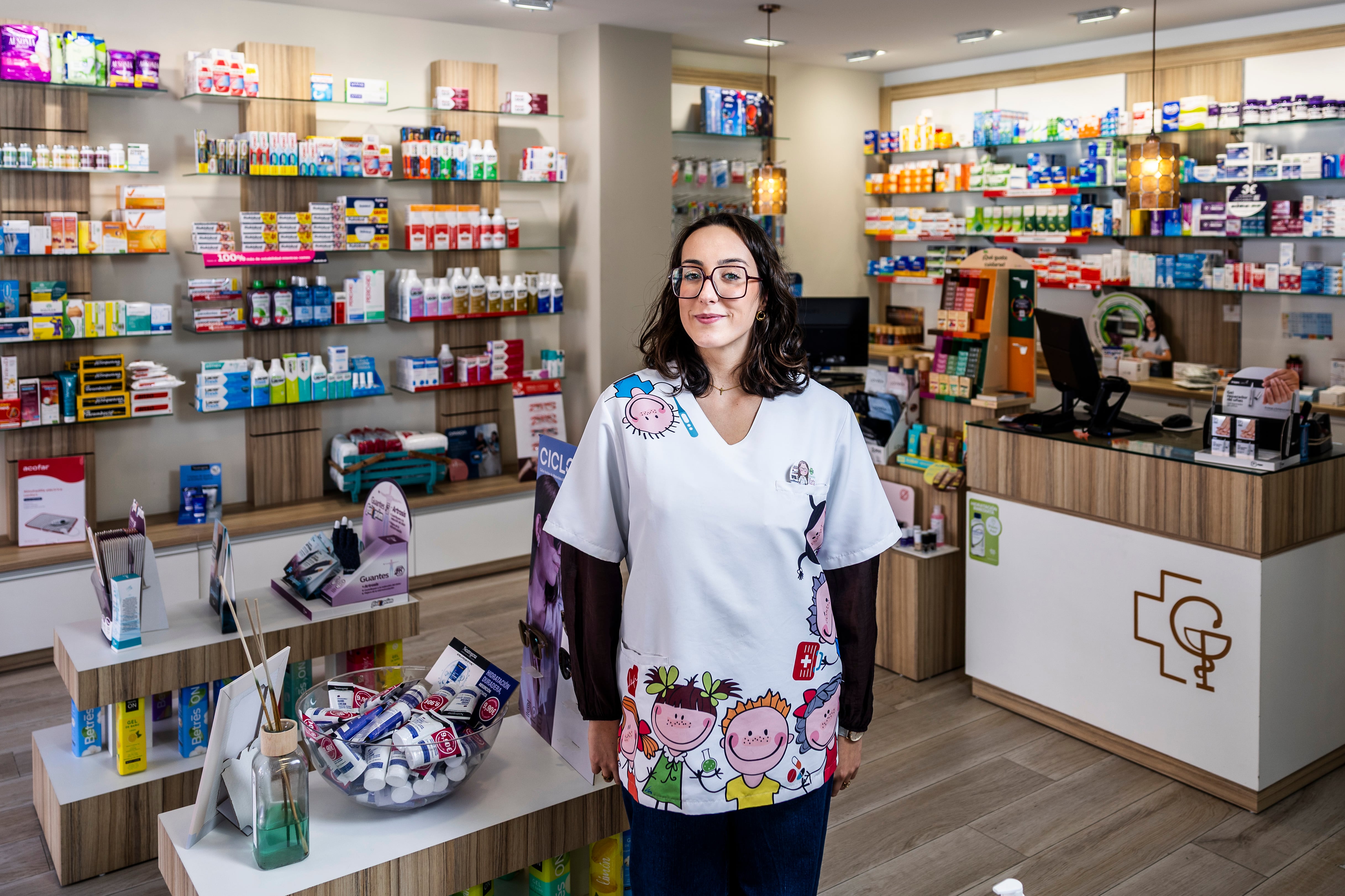 Marta Tello, at the González Pérez pharmacy where she works in Algete, Madrid.