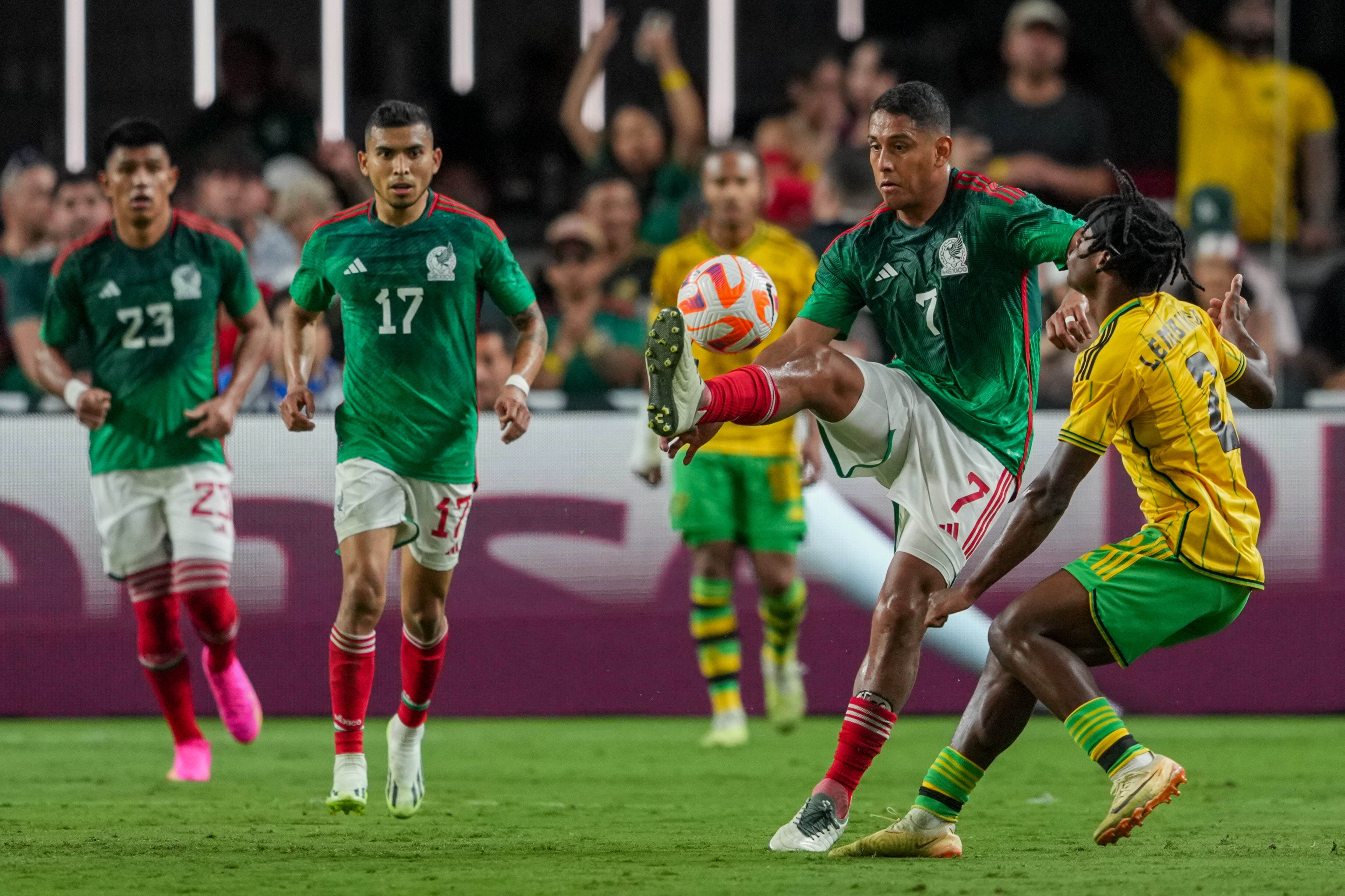 Mexico's Luis Romo steals a ball in a match against Jamaica in Las Vegas, USA, in July 2023.