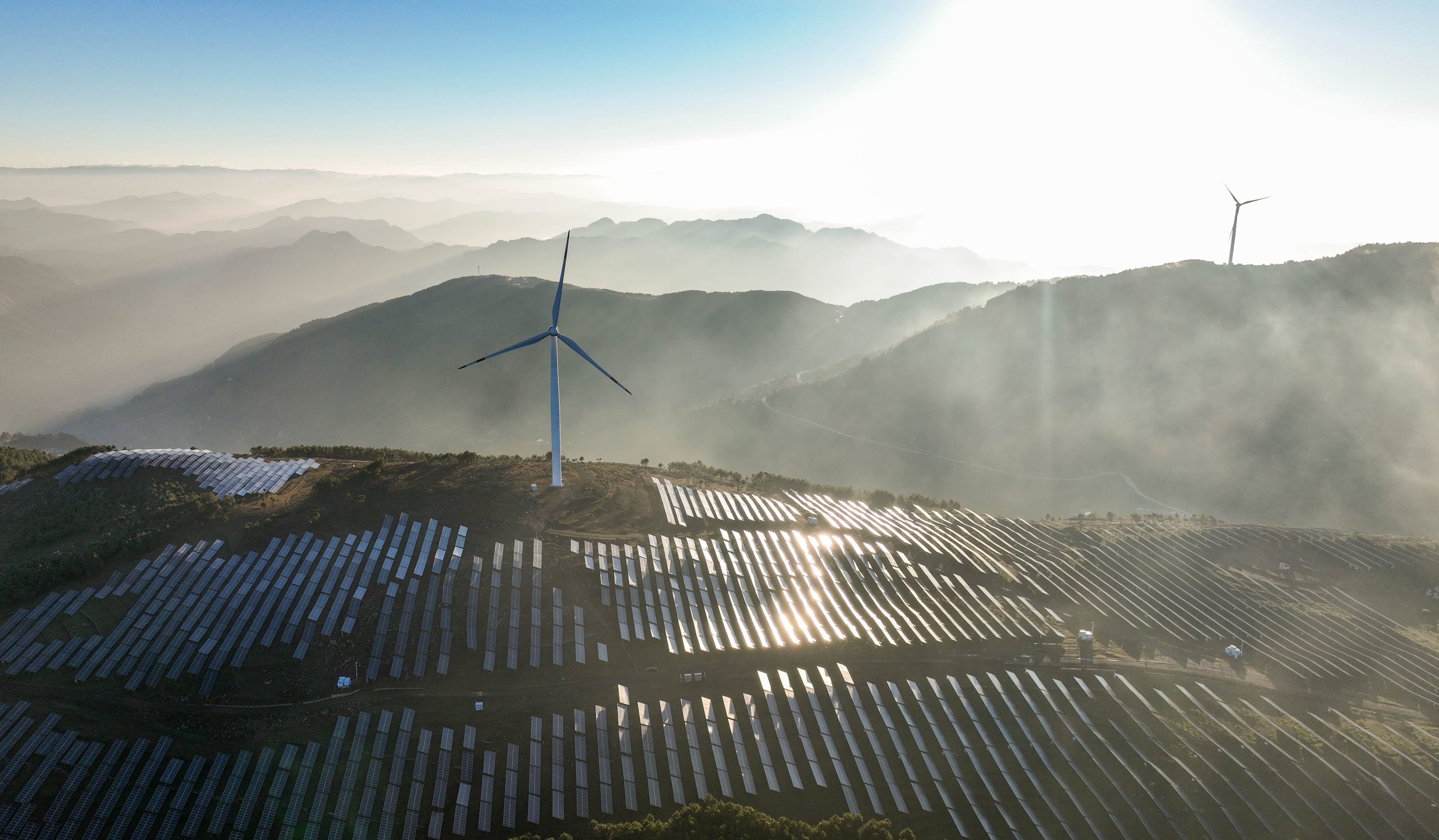 Aerial view of a wind turbine and solar panel park in Bijie, China, in November 2023.